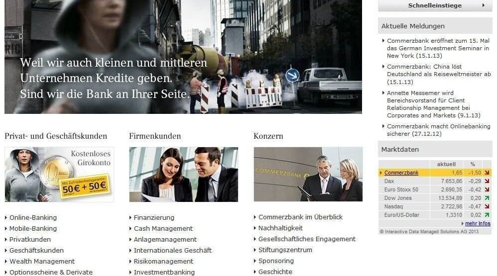 Commerzbank Website (Screenshot https://www.commerzbank.de/ am 16.01.2013)