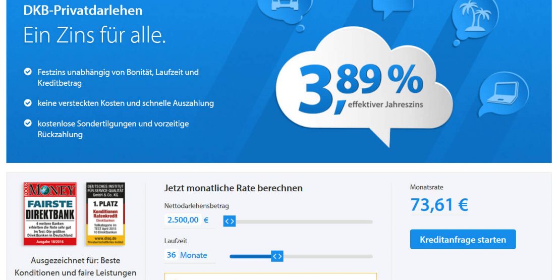 Bei Wahl des Minimalkreditbetrags von 2500 EUR erlaubt die DKB nur Laufzeiten von 12-36 Monaten (Screenshot dkb.de am 14.12.2016)