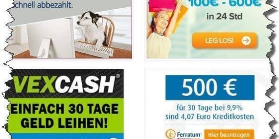 Kurzzeitkredite / Minikredite im Vergleich bei kreditexperten.com: Targobank Direkt-Geld, Vexcash, Cashper und Xpresscredit (Screenshot der Werbebanner am 16.12.2015)