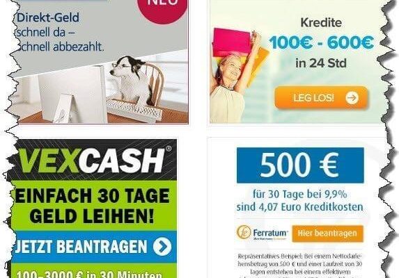 Kurzzeitkredite / Minikredite im Vergleich bei kreditexperten.com: Targobank Direkt-Geld, Vexcash, Cashper und Xpresscredit (Screenshot der Werbebanner am 16.12.2015)