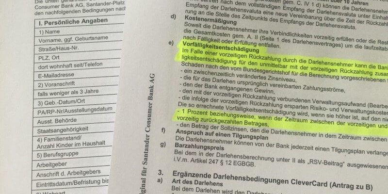 Vorfälligkeitsentschädigung bei Sondertilgung des Ratenkredits - Regelung im Kreditvertrag - hier am Beispiel des Santander BestCredits